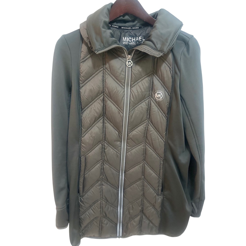 Michael Kors Mixed Media Jacket Women Medium‎ Grey Like New Quilted Thumb Holes